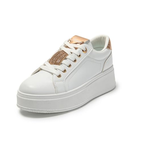 JOMIX Sportschuhe Damen Atmungsaktiv Leder Plateau Sneaker Leicht Laufschuhe Fitness Platform Turnschuhe Wanderschuhe Freizeitschuhe (Champagner, 39 EU) von JOMIX