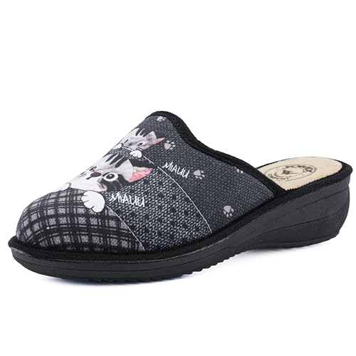JOMIX Warme Hausschuhe Damen Bedruckte Pantoletten mit Bequeme Fußbett Geschlossen Gefüttert Kunstwildleder Gartenschuhe Elegant Keilabsatz Clogs Made in Italy (TD9206, Schwarz, 38 EU) von JOMIX