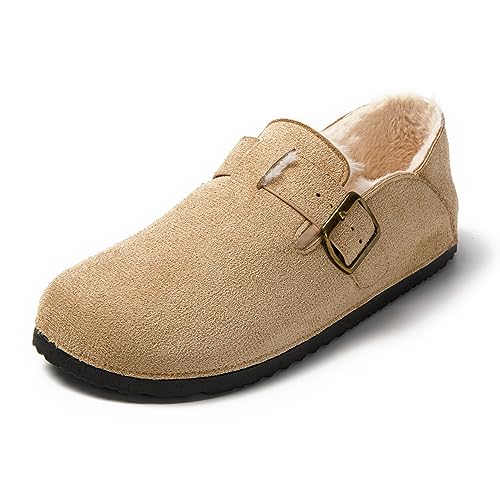 JOMIX Winter Geschlossener Clogs Damen Plüsch Gefüttert Mokassins Warme Hausschuhe Flache Slipper Indoor Outdoor (Beige, 39 EU) von JOMIX