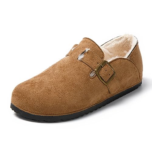 JOMIX Winter Geschlossener Clogs Damen Plüsch Gefüttert Mokassins Warme Hausschuhe Flache Slipper Indoor Outdoor (Braun, 36 EU) von JOMIX