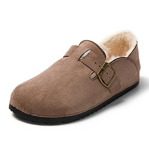 JOMIX Winter Geschlossener Clogs Damen Plüsch Gefüttert Mokassins Warme Hausschuhe Flache Slipper Indoor Outdoor (Khaki, 36 EU) von JOMIX