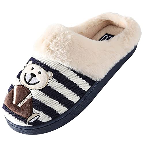 JOMIX Winter Hausschuhe Damen Bären Flauschige Stricken Pantoffeln Warme Plüsch Gefüttert Puschen Slippers Indoor (Marine, 36 EU) von JOMIX