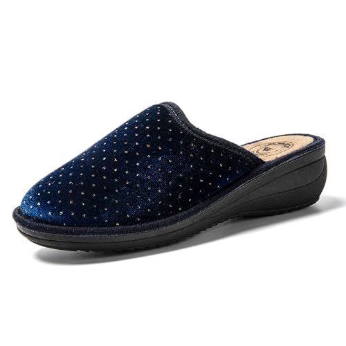 JOMIX Winter Hausschuhe Damen Bequeme Pantoffeln Punkten Italien Slippers Indoor (Navy 01, 41 EU) von JOMIX