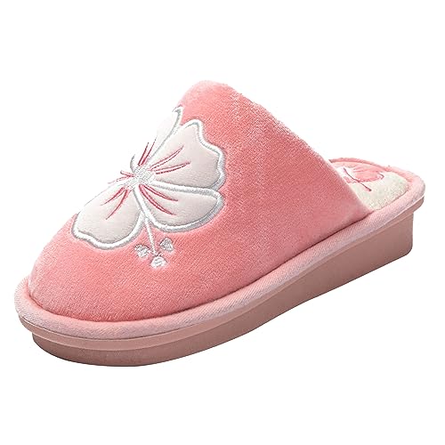 JOMIX Winter Hausschuhe Damen Blumen Pantoffeln Warme Baumwolle Puschen Keilabsatz Slippers Indoor (Rosa, 41 EU) von JOMIX