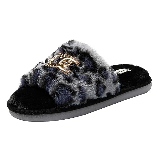 JOMIX Winter Hausschuhe Damen Flauschige Leopard Pantoffeln Warme Plüsch Puschen Indoor (Blau Leopard, 37 EU) von JOMIX