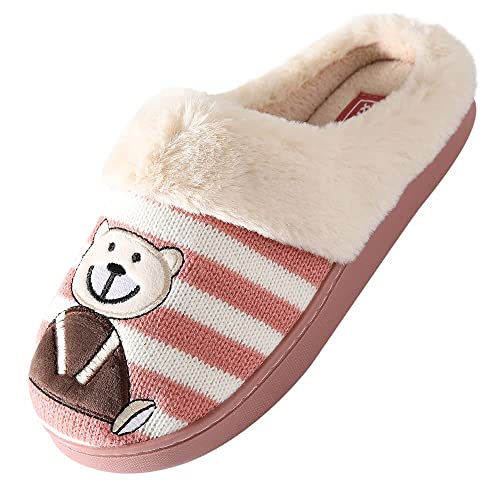 JOMIX Winter Hausschuhe Damen Bären Flauschige Stricken Pantoffeln Warme Plüsch Gefüttert Puschen Slippers Indoor (Rosa, 36 EU) von JOMIX