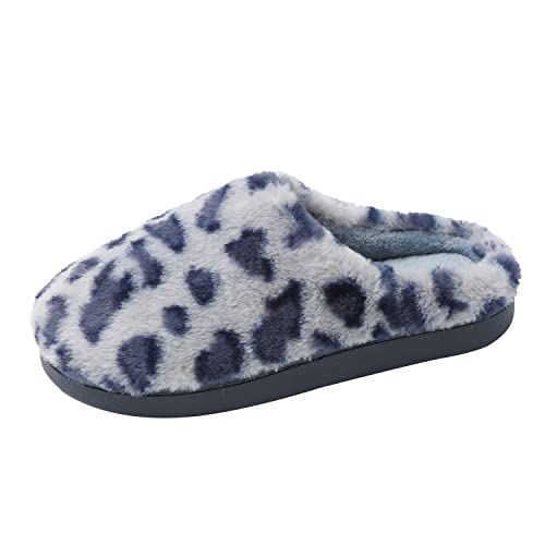 JOMIX Dicke Schuhe Damen Winter Plüsch Pantoffeln Leopard Slippers Gefüttert Warme Clogs Rutschfeste Puschen Indoor (Blau 41 EU, MD6032) von JOMIX