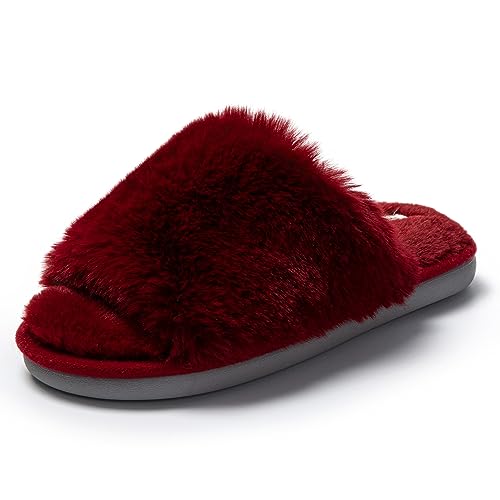 JOMIX Winter Hausschuhe Damen Offen Zehen Warme Flauschige Pantoffeln Weiche Plüsch Gefüttert Puschen Indoor (Weinrot, 38 EU) von JOMIX