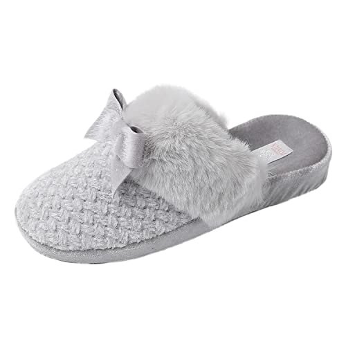 JOMIX Winter Hausschuhe Damen Schleife Keilabsatz Pantoffeln Warme Flauschige Slippers Puschen Indoor (Hellgrau, 37 EU) von JOMIX