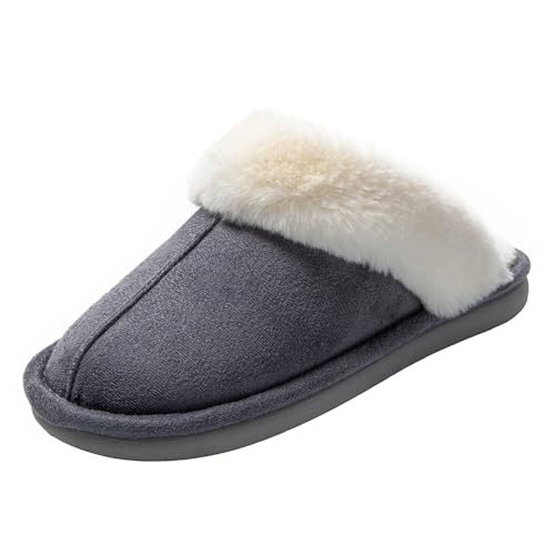 JOMIX Hausschuhe Damen Winter Warme Plüsch Puschen Gefüttert Bequeme Pantoffeln Weiche Rutschfeste Flache Slippers (Dunkelgrau, 39 EU) von JOMIX