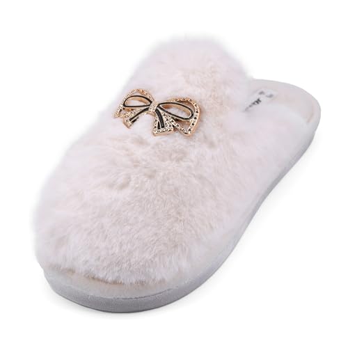 JOMIX Winter Hausschuhe Damen Plüschige Warme Pantoletten Mit Strassschleife Rutschfest und Bequem WIS255211 (Beige,40/41) von JOMIX