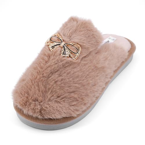 JOMIX Winter Hausschuhe Damen Plüschige Warme Pantoletten Mit Strassschleife Rutschfest und Bequem WIS255211 (Kamel,38/39) von JOMIX