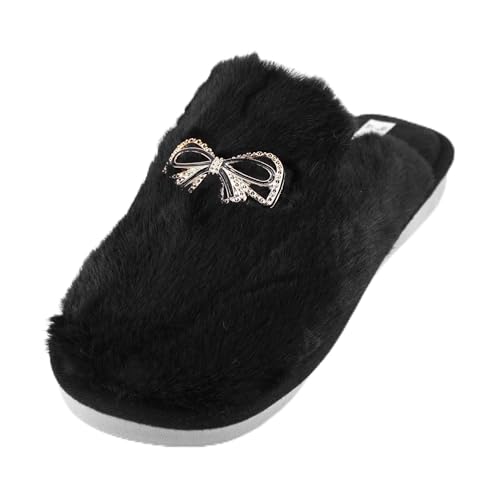 JOMIX Winter Hausschuhe Damen Plüschige Warme Pantoletten Mit Strassschleife Rutschfest und Bequem WIS255211 (Schwarz,40/41) von JOMIX