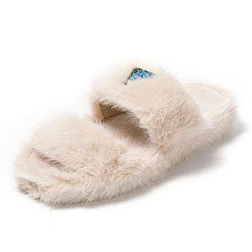 JOMIX Winter Hausschuhe Damen Stylische Dopelriemen Pantoletten Bequeme Fluffy Slippers Indoor Outdoor (Beige, 38 EU) von JOMIX