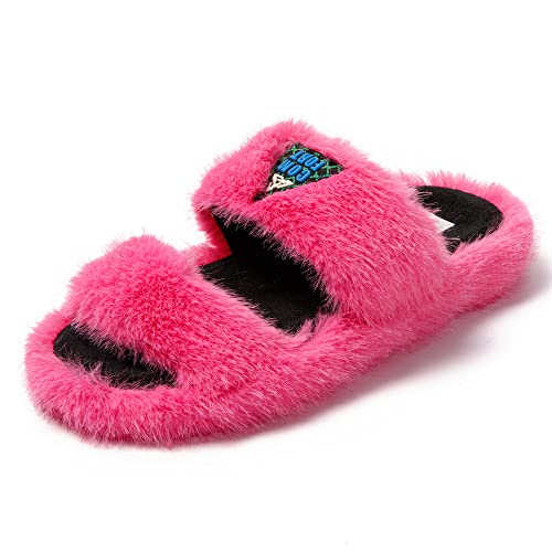 JOMIX Winter Hausschuhe Damen Stylische Dopelriemen Pantoletten Bequeme Fluffy Slippers Indoor Outdoor (Fuchsia, 38 EU) von JOMIX