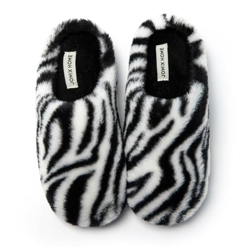 JOMIX Winter Hausschuhe Damen Tiger Zebra Streifen Warme Plüsch Pantoffeln Weiche Puschen Slippers Indoor (Schwarz Weiß, 37 EU) von JOMIX