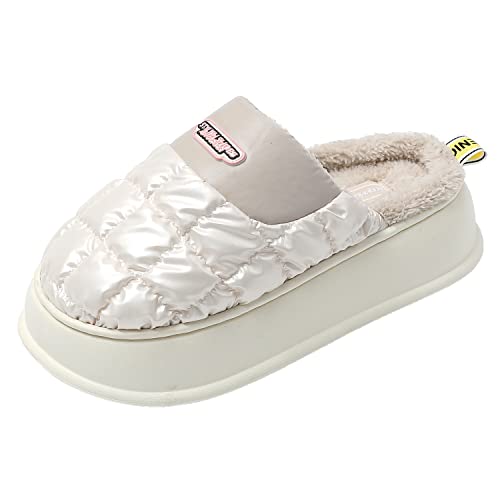 JOMIX Winter Hausschuhe Damen Warme Plüsch Gefüttert Pantoffeln Puff Slippers Plateau Puschen Indoor Outdoor (Weiß Größe Klein 1 Nummer, 38/39 EU) von JOMIX