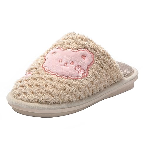 JOMIX Winter Hausschuhe Kinder Jungen Mädchen Warme Flauschige Pantoffeln mit Bären Weiche Plüsch Gefüttert Slippers Indoor (Beige Größe Klein 1 Nummer, 32 EU) von JOMIX