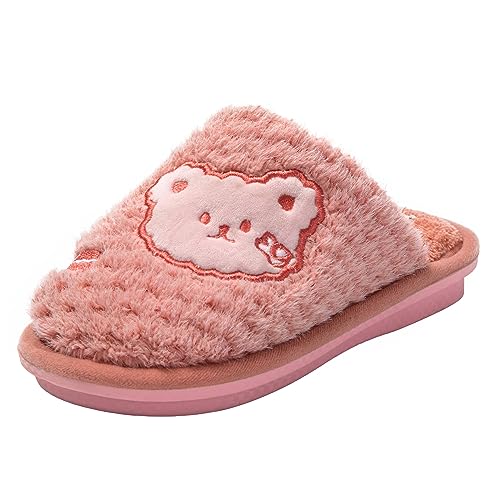 JOMIX Winter Hausschuhe Kinder Jungen Mädchen Warme Flauschige Pantoffeln mit Bären Weiche Plüsch Gefüttert Slippers Indoor (Koralle Größe Klein 1 Nummer, 30 EU) von JOMIX