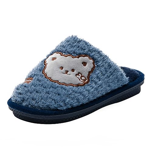 JOMIX Winter Hausschuhe Kinder Jungen Mädchen Warme Flauschige Pantoffeln mit Bären Weiche Plüsch Gefüttert Slippers Indoor (Marine Größe Klein 1 Nummer, 33 EU) von JOMIX