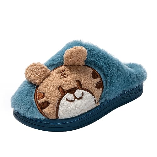 JOMIX Winter Hausschuhe Kinder Jungen Mädchen Warme Flauschige Pantoffeln mit Tiger Kaninchen Weiche Plüsch Gefüttert Puschen Indoor (Blau Tiger Größe Klein 1 Nummer, 30 EU) von JOMIX