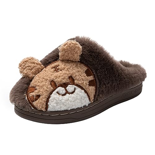 JOMIX Winter Hausschuhe Kinder Jungen Mädchen Warme Flauschige Pantoffeln mit Tiger Kaninchen Weiche Plüsch Gefüttert Puschen Indoor (Braun Tiger Größe Klein 1 Nummer, 30 EU) von JOMIX