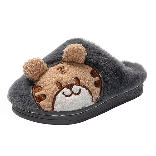 JOMIX Winter Hausschuhe Kinder Jungen Mädchen Warme Flauschige Pantoffeln mit Tiger Kaninchen Weiche Plüsch Gefüttert Puschen Indoor (Dunkelgrau Tiger Größe Klein 1 Nummer, 30 EU) von JOMIX