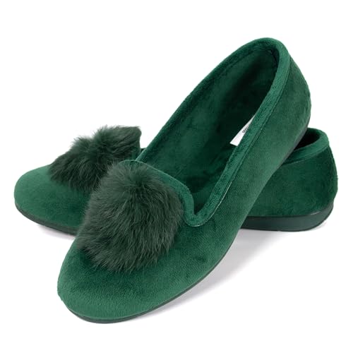 JOMIX Winter Mokassins Damen Elegante Loafers Spanische Warme Plüsch Hausschuhe Slippers Indoor (Grün Ball, 39 EU) von JOMIX