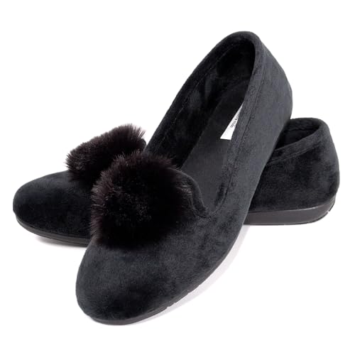 JOMIX Winter Mokassins Damen Elegante Loafers Spanische Warme Plüsch Hausschuhe Slippers Indoor (Schwarz Ball, 38 EU) von JOMIX