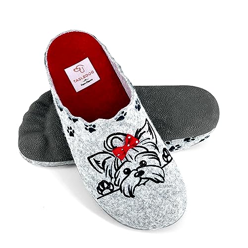 JOMIX Winter Spanische Clog Filzclog Damen Flache Pantoffeln Lässige Parfümierte Slippers Bunte Cartoon Hausclog Hausschuhe Indoor Outdoor (Hellgrau Welpen, 39 EU) von JOMIX