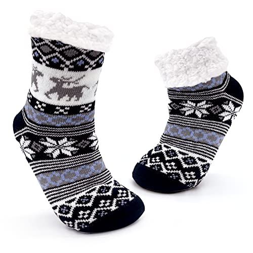 JOMIX Winter Stoppersocken Damen Dicke Socken Rutschfeste Hüttensocken Anti-Rutsch Sohle Bunte Weihnachtsrentier Flauschige Haussocken Plüschsocken (01 Marine, 36-42 EU) von JOMIX