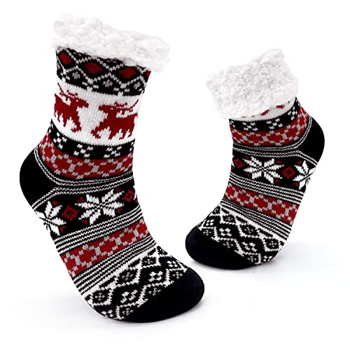 JOMIX Winter Stoppersocken Damen Dicke Socken Rutschfeste Hüttensocken Anti-Rutsch Sohle Bunte Weihnachtsrentier Flauschige Haussocken Plüschsocken (01 Schwarz, 36-42 EU) von JOMIX