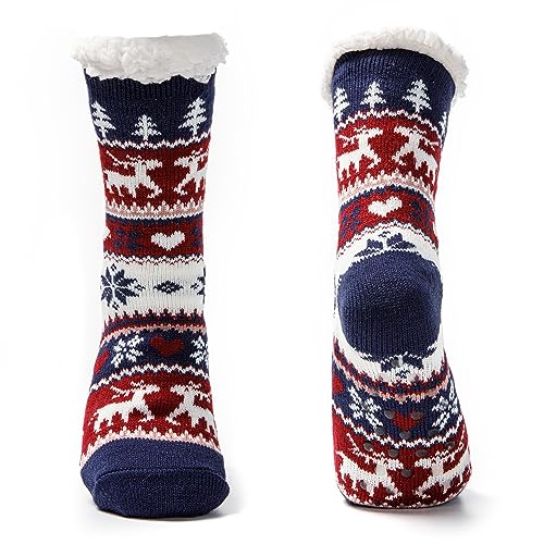 JOMIX Winter Stoppersocken Damen Dicke Socken Rutschfeste Hüttensocken Anti-Rutsch Sohle Bunte Weihnachtsrentier Flauschige Haussocken Plüschsocken (03 Marine, 36-42 EU) von JOMIX