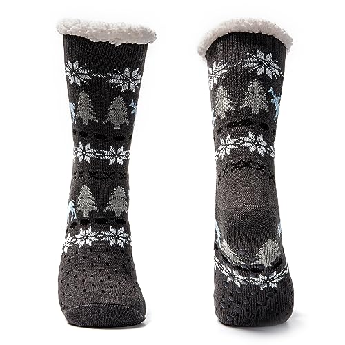 JOMIX Winter Stoppersocken Herren Dicke Socken Rutschfeste Hüttensocken Weihnachts Anti-Rutsch Sohle Gestreifte Flauschige Haussocken Plüschsocken (01 Dunkelgrau Weihnachtsbaum, 39-46 EU) von JOMIX