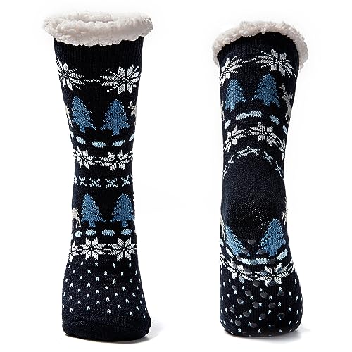 JOMIX Winter Stoppersocken Herren Dicke Socken Rutschfeste Hüttensocken Weihnachts Anti-Rutsch Sohle Gestreifte Flauschige Haussocken Plüschsocken (01 Marine Weihnachtsbaum, 39-46 EU) von JOMIX