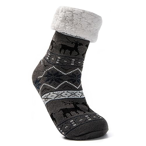 JOMIX Winter Stoppersocken Herren Dicke Socken Rutschfeste Hüttensocken Weihnachts Anti-Rutsch Sohle Gestreifte Flauschige Haussocken Plüschsocken (02 Dunkelgrau Rentier, 39-46 EU) von JOMIX
