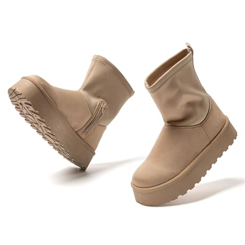 JOMIX Winterschuhe Damen Winter Plüsch Stiefeletten Gummistiefel Unisex Gefüttert Stiefel Wasserdicht Rutschfest Chukka Boots (Beige 36 EU, MD9768) von JOMIX