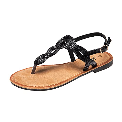 JOMIX Sommer Sandalen Damen Flache Zehentrenner Römersandalen Elegante Flip Flops Weiche Fußbett Strandschuhe Outdoor (Schwarz Größe Klein 1 Nummer, 39 EU) von JOMIX