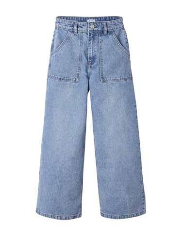 JONEN Weite Jeans mit großen Taschen Mädchen, Bundweite verstellbar Mittelblau 140 von JONEN