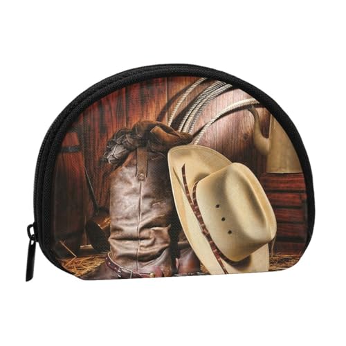 Cowboy-Aufbewahrungstasche mit schwarzem Hut, Westernstiefel, bedruckt, Muschel, tragbar, Mini-Aufbewahrungstasche für Kleingeld, langlebig und tragbar von JONGYA