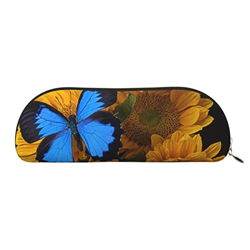 Gelbe Sonnenblumen mit blauen Schmetterlingen, Leder, halbrunde Aufbewahrungstasche, stilvolle und funktionale Bleistifttasche, Aufbewahrungstasche, Make-up-Tasche, Mehrzweck-Organizer, vielseitige von JONGYA