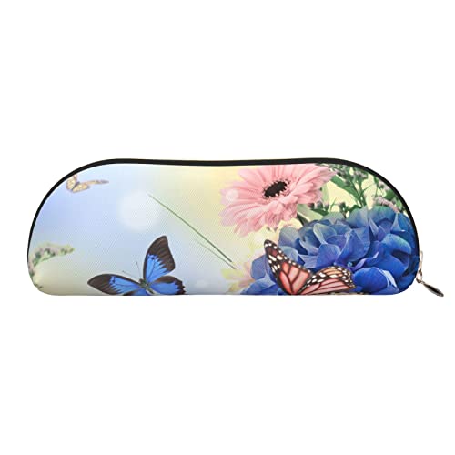 Halbrunde Aufbewahrungstasche aus Leder, Motiv: blaue Schmetterlinge und Blumen, stilvolle und funktionale Bleistifttasche, Aufbewahrungstasche, Make-up-Tasche, Mehrzweck-Organizer-Tasche, vielseitige von JONGYA