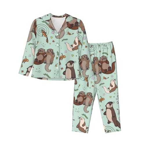 JONGYA Cartoon Nette Otter gedruckt Frauen Langarm Pyjama Set, bequeme und modische lässige Pyjamas, Schwarz , 42 von JONGYA