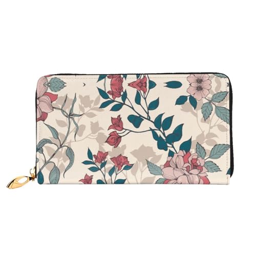 JONGYA City Train Printed Leather Long Handheld Wallet with Full Print, Showcasing Fashion and Creativity, Rosa Blumen und Blätter, Einheitsgröße von JONGYA