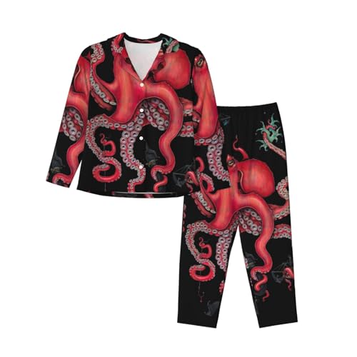 JONGYA Octopus Ineinander verschlungener bedruckter Damen-Langarm-Pyjama-Set, bequemer und modischer lässiger Schlafanzug, Schwarz , 42 von JONGYA