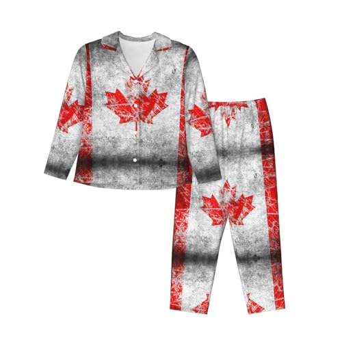 JONGYA Retro Kanada Flagge gedruckt Frauen Langarm Pyjama Set, bequeme und modische lässige Pyjamas, Schwarz , 42 von JONGYA