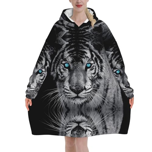 JONGYA Weißer Tiger bedruckter Flanell-Kapuzenpullover für Erwachsene, warm und modisch im Winter, Schwarz , One size von JONGYA