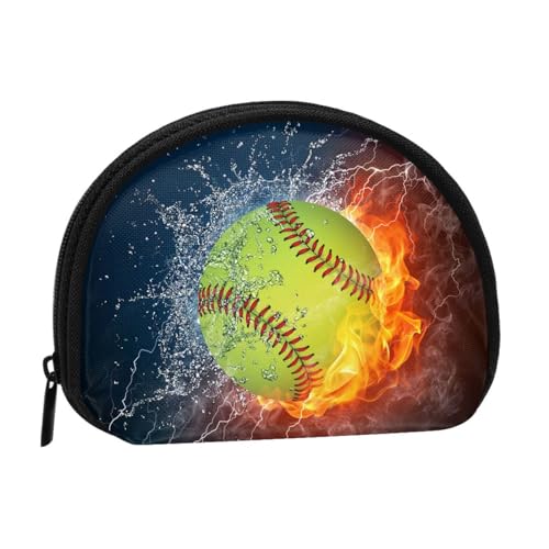 Orange Softball Baseball auf Feuer und Wasser bedruckte Muschel tragbare Mini-Aufbewahrungstasche für Kleingeld, langlebig und tragbar von JONGYA