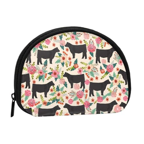Pink Flower Show Steer Cows Cattle Printed Seashell Portable Mini Change Storage Bag, Durable And Portable von JONGYA
