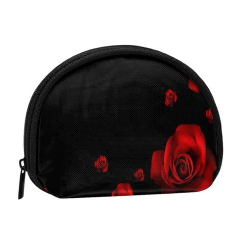 Rote Rose, schwarzer Hintergrund, bedruckte Muschel, tragbare Mini-Aufbewahrungstasche für Kleingeld, langlebig und tragbar von JONGYA